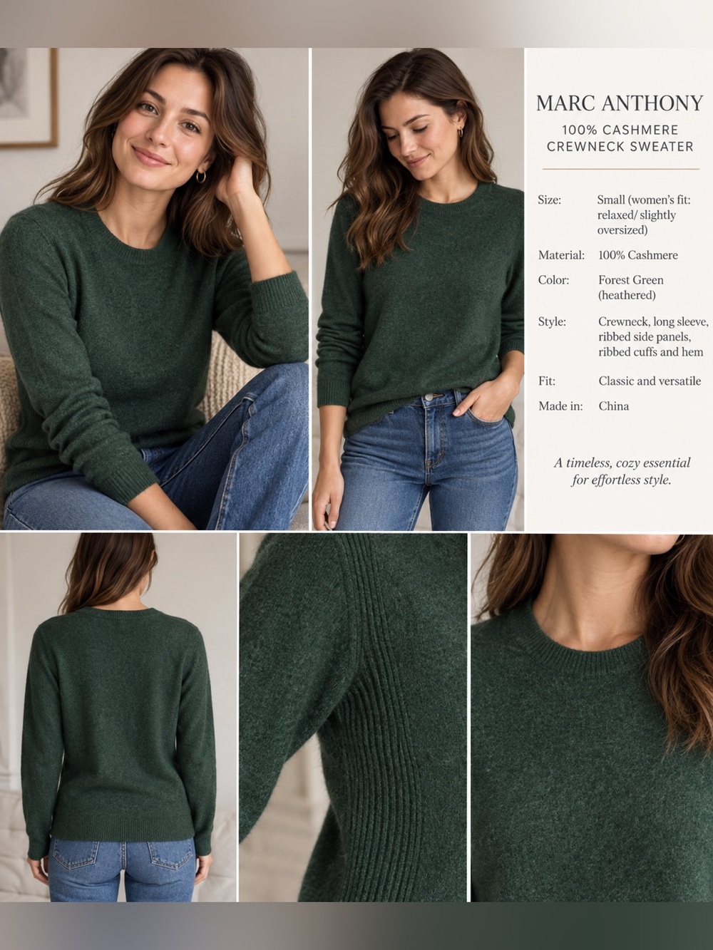 Marc Anthony Small 100% Cashmere Sweater Forest Green Crewneck Quiet Luxury Nice